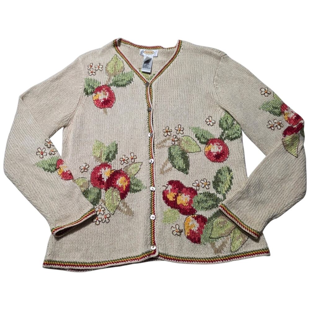 Talbots Petites M Cardigan Sweater Floral Embroidered Cottagecore Ramie Cotton